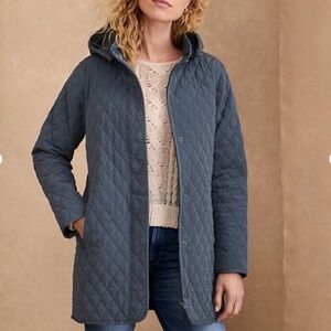 Garnet Hill Essential Quilted Long Line Car Coat Removable Hood Blue Grey size 4